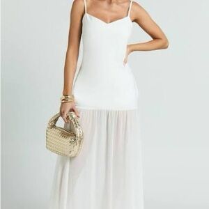 CALVIN MAXI DRESS - LINEN LOOK CONTRAST GEORGETTE SKIRT WITH NECK SCARF IN WHITE